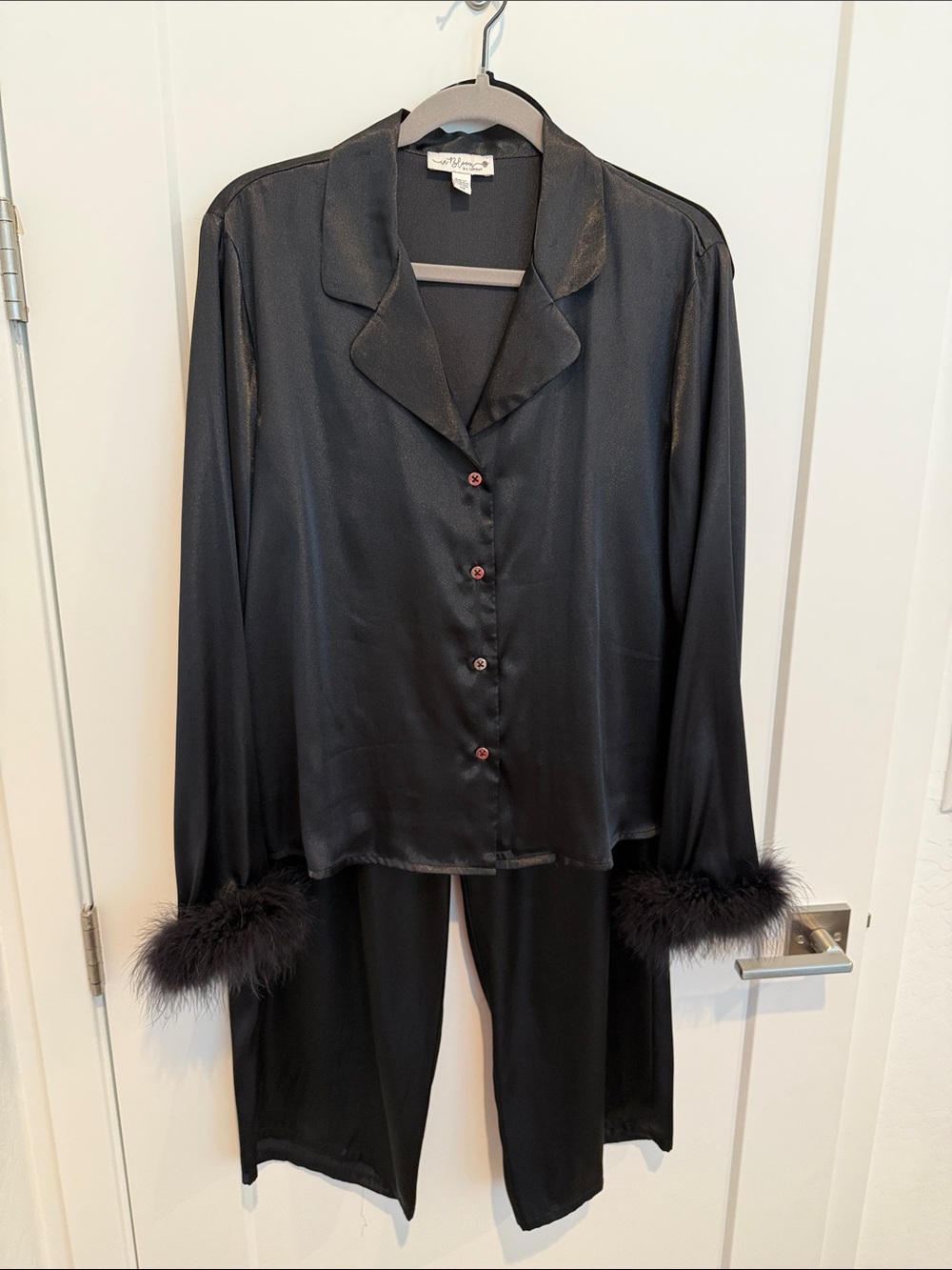 In Bloom by Jonquil Black Satin Feather Trim Pajama Set Women's Size L